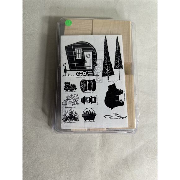 Stampin Up Happy Camper Stamp Set of 10 Complete Retired Camper Bear FIre Boot - Picture 1 of 3